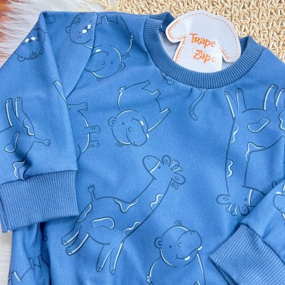  Conj. Casaco Safari e Calça Tigrinhos de Moletom - Azul Jeans